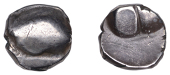 Continental Iron Age, SOUTHWEST GAUL, Tarusates, silver Unit, large raised bump divided in the centre by a...