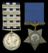 Pair: Private T. Hardiman, 1st Battalion, Gordon Highlanders

Egypt and Sudan 1882-89, dated reverse, 4 clasps,...