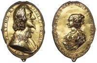 Charles I and Henrietta Maria, a cast oval silver-gilt Royalist badge by T. Rawlins, bare-headed bust of King right,...