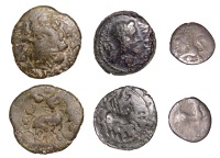 Continental Iron Age, GAUL, Aulerci Cenomani, silver Quinarius, helmeted head of Athena right, rev. celticised horse...