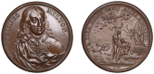 John Milton, 1674 [struck c. 1740], a copper medal by J. Dassier, bust three-quarters right, rev. Adam and Eve...