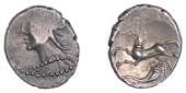 Continental Iron Age, EAST GAUL, Uncertain attribution, silver Quinarius, helmeted bust left, wearing necklace, rev....