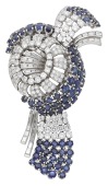 A sapphire and diamond spray brooch, circa 1950, the bombé knot of flowerhead design and set with brilliant and...