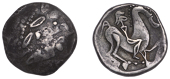Continental Iron Age, DANUBIAN CELTS, Dacia, Tetradrachm, c. 1st Century BC, Kinnlos type, celticised diademed head...