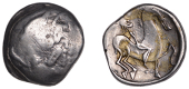 Continental Iron Age, DANUBIAN CELTS, Dacia, Tetradrachm, c. 1st Century BC, Kinnlos type, celticised diademed head...