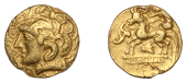 Continental Iron Age, GAUL, Normandy, gold Quarter-Stater, Bee type, head left, hair in locks, wearing necklace,...
