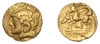 Continental Iron Age, GAUL, Normandy, gold Quarter-Stater, Bee type, head left, hair in locks, wearing necklace,...