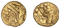British Iron Age, DUROTRIGES, Early Uninscribed issues, gold Stater, Lepe type [British Af], devolved head of...