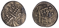 British Iron Age, DUROTRIGES, Early Uninscribed issues, pale gold Stater, Lepe type [British Af], devolved head of...