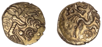 British Iron Age, ATREBATES and REGNI, Uninscribed series, Stater, British Qa [Sesley Two Faced type], devolved head...