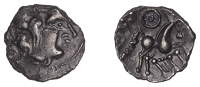 British Iron Age, REGNI, silver Unit, Sussex Lyre type, diademed head right, rev. horse right with corkscrew tail,...