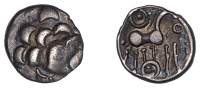 British Iron Age, BELGAE, Uninscribed series, silver Unit, Hayling Moon Head type, head right with large crescents...