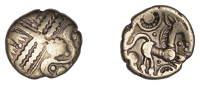 British Iron Age, BELGAE, Uninscribed issue, Quarter-Stater, Qc derivative [Petersfield Wreath type], wreath design...