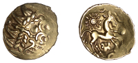 ATREBATES and REGNI, Uninscribed issues, gold Quarter-Stater, British Qc [Bognor Cogwheel type], degraded head of...