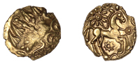 ATREBATES and REGNI, Uninscribed issues, gold Quarter-Stater, British Qc [Bognor Cogwheel type], degraded head of...
