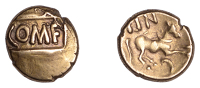 ATREBATES AND REGNI, Tincomarus, Quarter-Stater, comf on tablet, rev. horse galloping right, tin above, c below,...