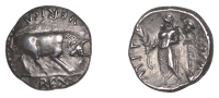 ATREBATES and REGNI, Verica (AD 10 - 40), silver Unit, bull butting right, verica above, rex in exergue, rev. female...