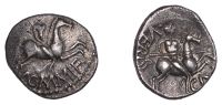 ATREBATES and REGNI, Verica (c. AD 10 - 40), silver Unit, Cavalry Duo type, warrior on horse right, carrying oval...
