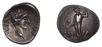 ATREBATES and REGNI, Verica, silver Unit, standing man holding lituus dividing com mif, rev. laureate bust [of...