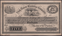 York Union Banking Company, Burlington, proof on card for £5, 18- (c1847), no serial number or signature, black...