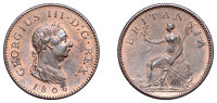 George III (1760-1820), Pre-1816 issues, Farthing, 1806, obv. 2, k on truncation (BMC 1397; S 3782). Extremely fine...