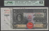 Banco Nacional Ultramarino, Angola, printers archival specimen 10 Mil Reis, 1 March 1909, serial number range 100001...