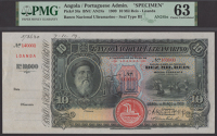 Banco Nacional Ultramarino, Angola, printers archival specimen 10 Mil Reis, 1 March 1909, serial number range 140001...