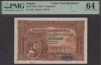 Republica Portuguesa, Angola, colour trial 5 Angolares, 14 August 1926, serial number V000000, perforated CANCELLED,...