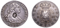 George III (1760-1820), Emergency issues, SPAIN, Charles IIII, 4 Réales, 1792mf, Madrid, obv. countermarked with...