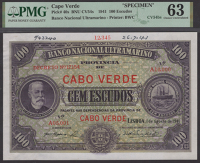 Banco Nacional Ultramarino, Cape Verde, printers archival specimen 100 Escudos, 1 August 1941, serial number range...