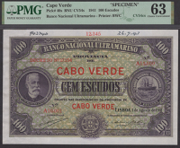 Banco Nacional Ultramarino, Cape Verde, printers archival specimen 100 Escudos, 1 August 1941, serial number range...