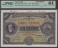 Banco Nacional Ultramarino, Cape Verde, printers archival specimen 100 Escudos, 1 August 1941, serial number range...