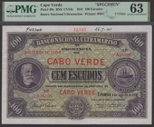 Banco Nacional Ultramarino, Cape Verde, printers archival specimen 100 Escudos, 1 August 1941, serial number range...