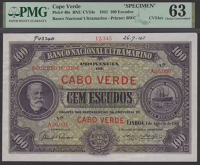Banco Nacional Ultramarino, Cape Verde, printers archival specimen 100 Escudos, 1 August 1941, serial number range...