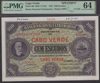 Banco Nacional Ultramarino, Cape Verde, printers archival specimen 100 Escudos, 1 August 1941, serial number range...
