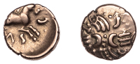 British Iron Age, Catuvellauni, Tasciovanus, Quarter-Stater, two crescents back-to-back across cruciform wreath...