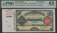 Banco Nacional Ultramarino, Mozambique, printers archival specimen 1000 Reis, 1 March 1909, serial number range...