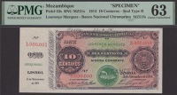 Banco Nacional Ultramarino, Mozambique, printers archival specimen 10 Centavos, 5 November 1914, serial number range...