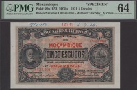 Banco Nacional Ultramarino, Mozambique, printers archival specimen 5 Escudos, 1 January 1921, serial number range...
