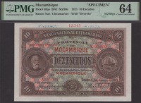 Banco Nacional Ultramarino, Mozambique, printers archival specimen 10 Escudos, 1 January 1921, serial number range...