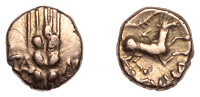 British Iron Age, CATUVELLAUNI, Cunobelin, Quarter-Stater, Wild A type [class 3a], ear of barley dividing ca-m[v],...