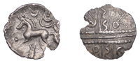 British Iron Age, CATUVELLAUNI, early uninscribed issues, silver Half-Unit, Snakes and Lyres type, cruciform pattern...