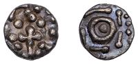 Early Anglo-Saxon Period, Sceatta, Continental series D, type 8, debased standard enclosing right angles and...