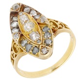 A 19th century diamond ring, the marquise-shaped plaque set with cushion and rose-cut diamonds, between openwork...