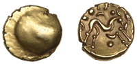 British Iron Age, GALLO-BELGIC, Ambiani, gold Stater, series E, Gallic War Uniface type, plain shallow dome, rev....