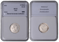 Bank of Ireland, Ten Pence, 1813, laureate bust of George III to right, outer end of ribbon to e in georgius, rev....