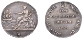 Co DUBLIN, Dublin, Clark, West & Co, Shilling, 1804, female seated left, indicating a ship at sea, rev. legend...