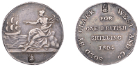Co DUBLIN, Dublin, Clark, West & Co, Shilling, 1804, female seated left, indicating a ship at sea, rev. legend...