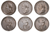 Co DUBLIN, Dublin, Edward Bewley, Pennies, 1816 (3), 15.94g/6h, 15.90g/6h (both W 1810), 18.63g/12h (W 1810a) [3]....