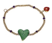 A late 19th century enamel and amethyst bracelet by Carlo & Arthur Giuliano, the green guilloché enamel heart with...